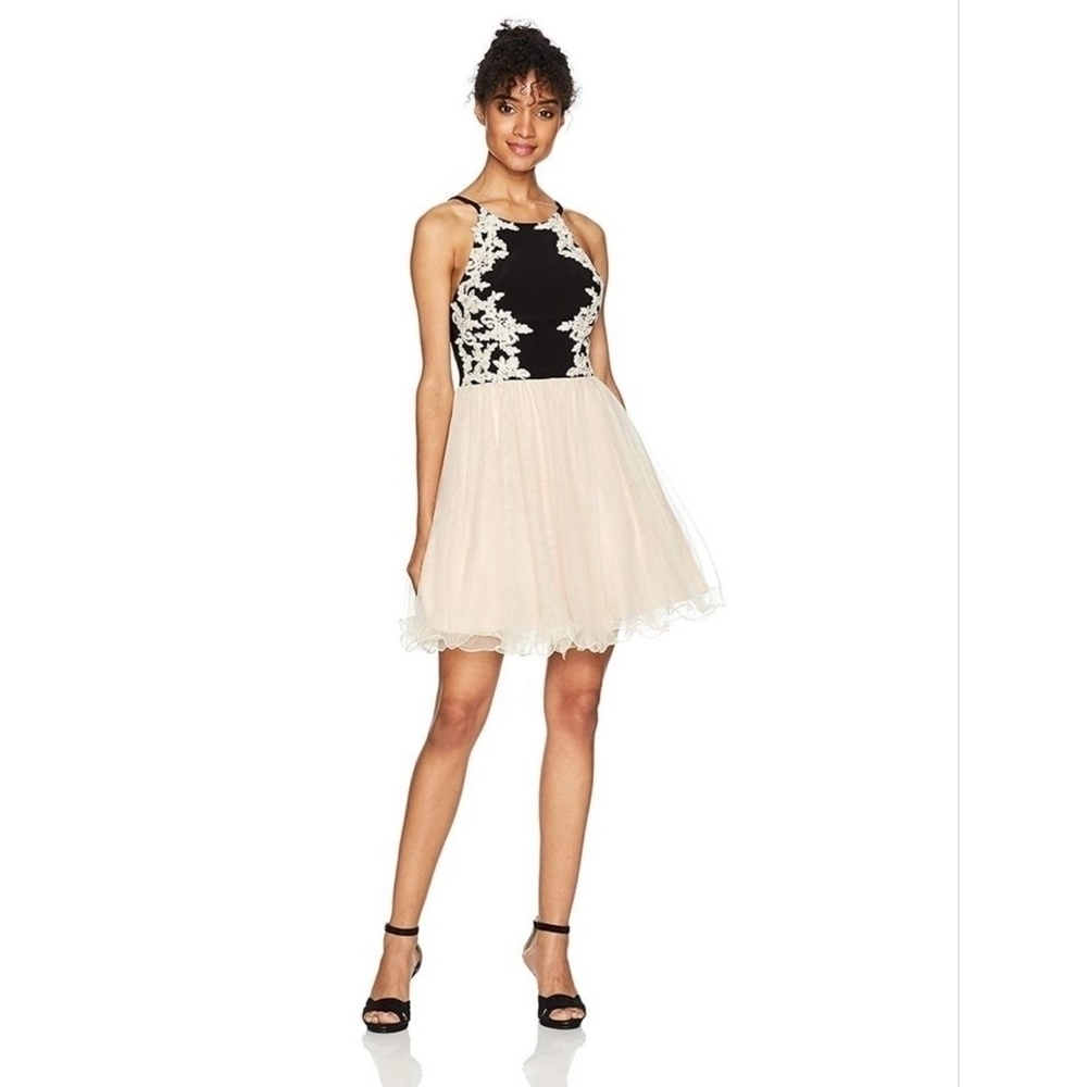 Blondie Nites Juniors Black and Tan Mini Formal Dress - Picture 1 of 10